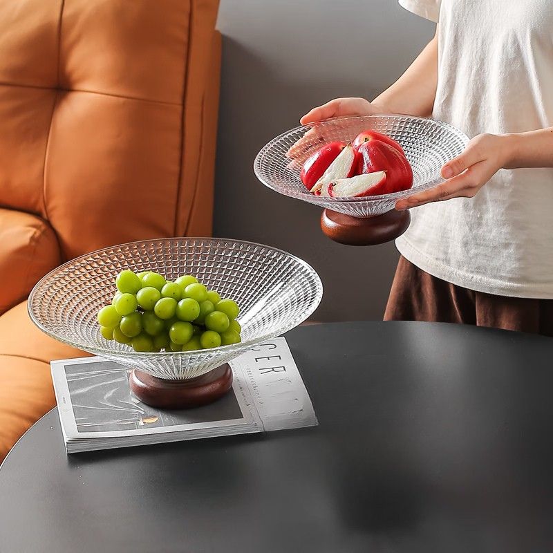 Glass Fruit Bowl with Wooden Pedestal