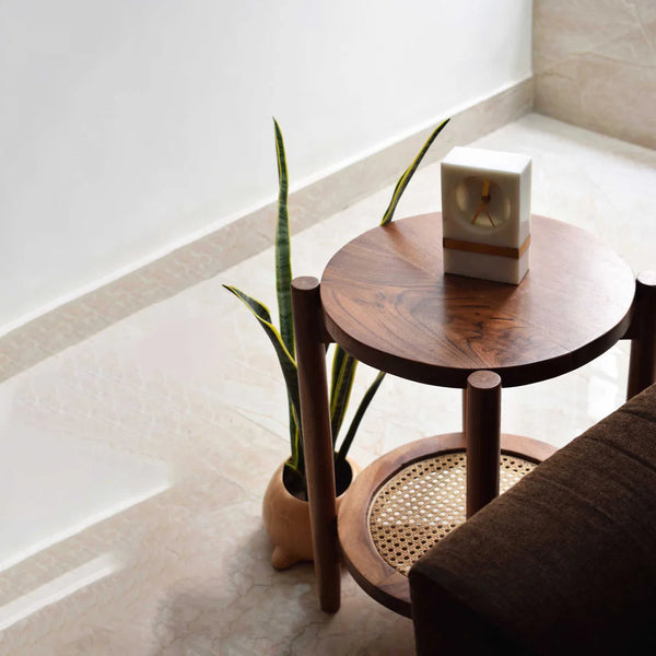 Chestnut Wood Round Table with Rattan Shelf