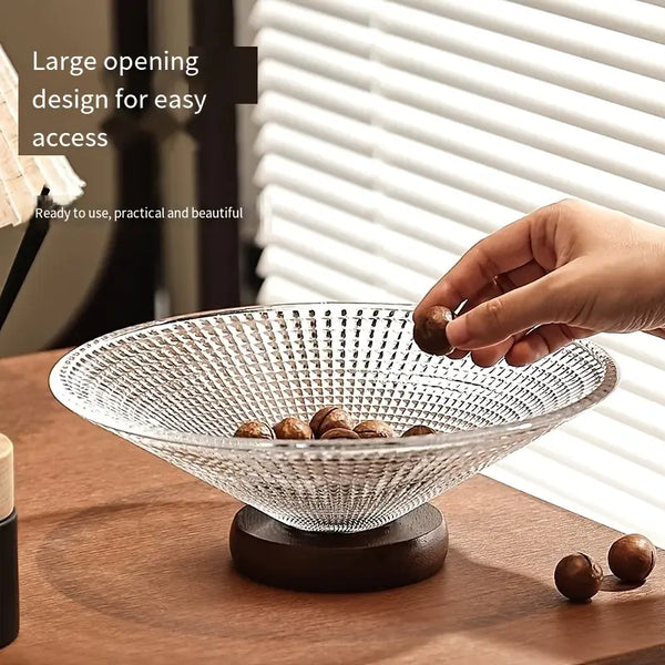 Glass Fruit Bowl with Wooden Pedestal