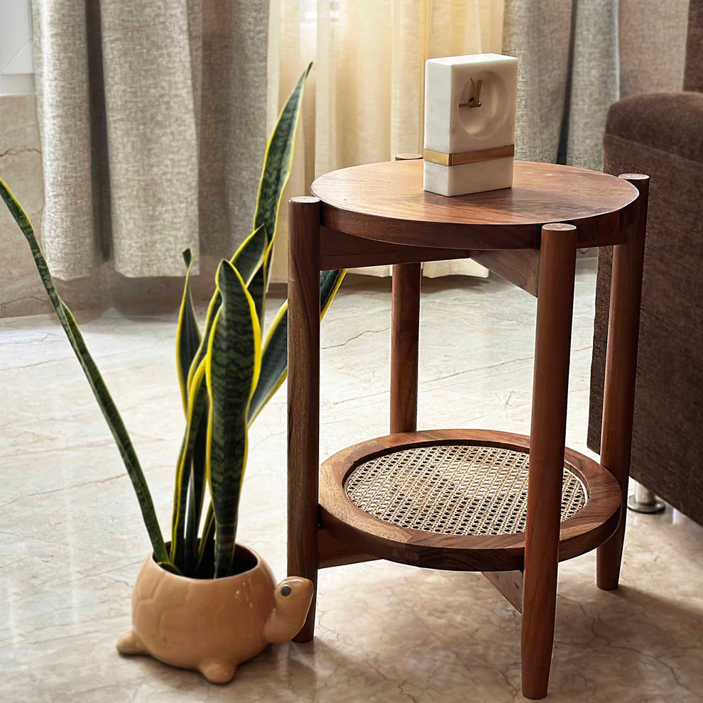 Chestnut Wood Round Table with Rattan Shelf