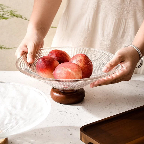 Glass Fruit Bowl with Wooden Pedestal