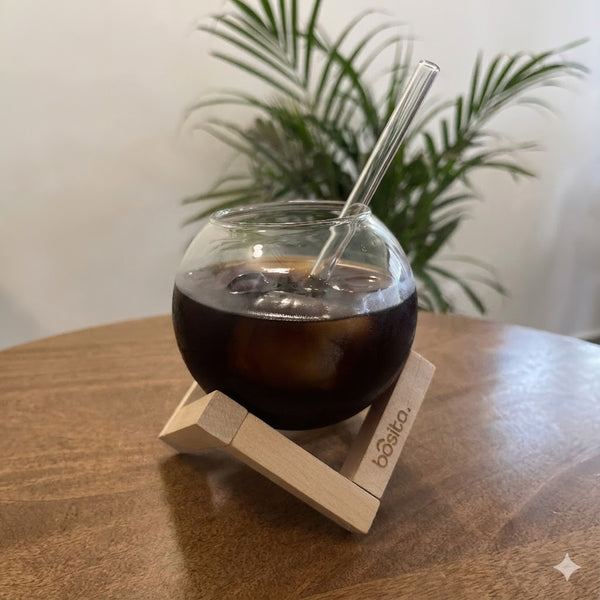 Sphere cup with Wooden Stand & Glass Straw