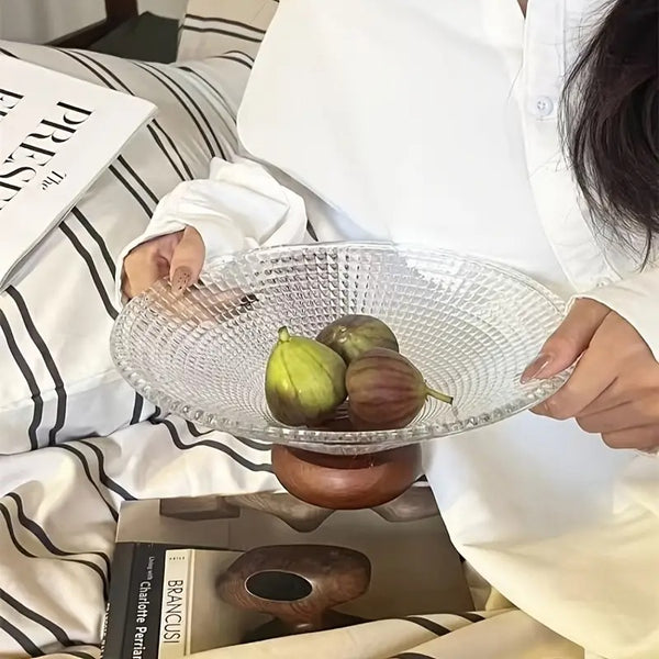 Glass Fruit Bowl with Wooden Pedestal